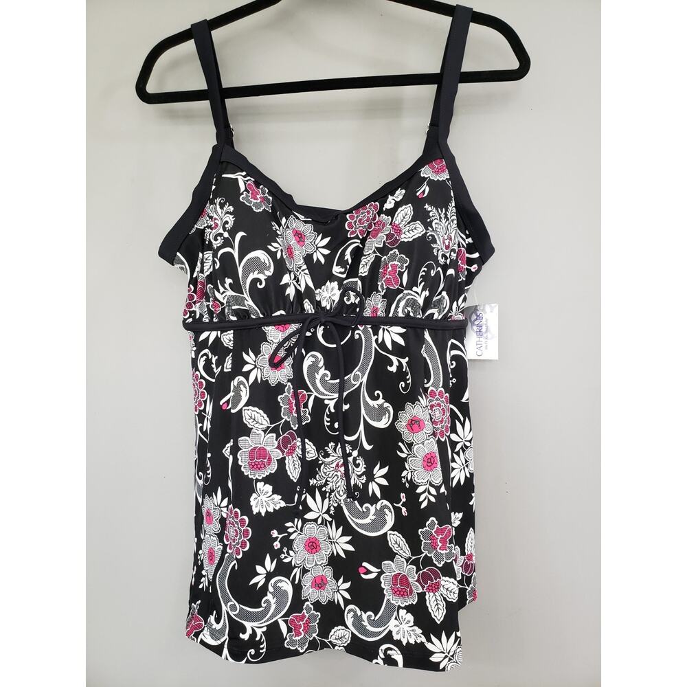NEW Catherine's 18W Tankini Swim Top Shirt Tropical Plus Size Black Vacation
